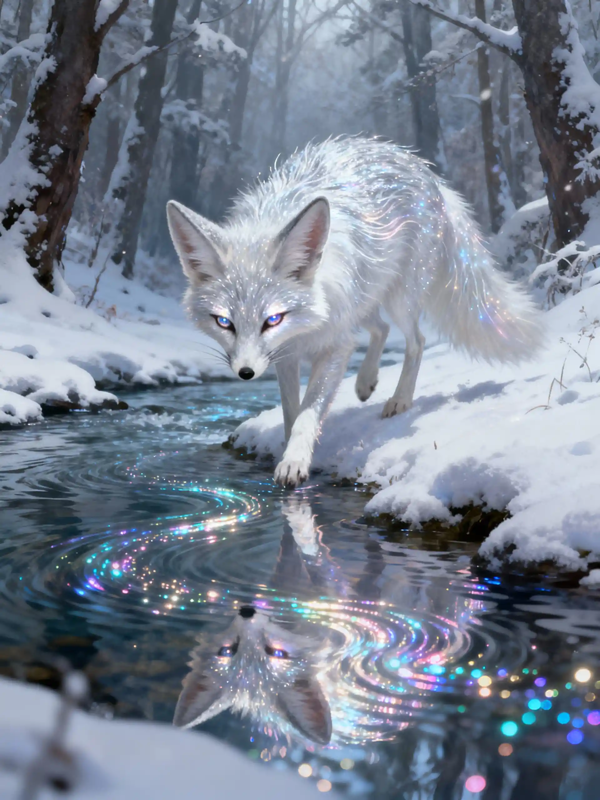 Fennec Fox Walking In A Snowy Forest By A River