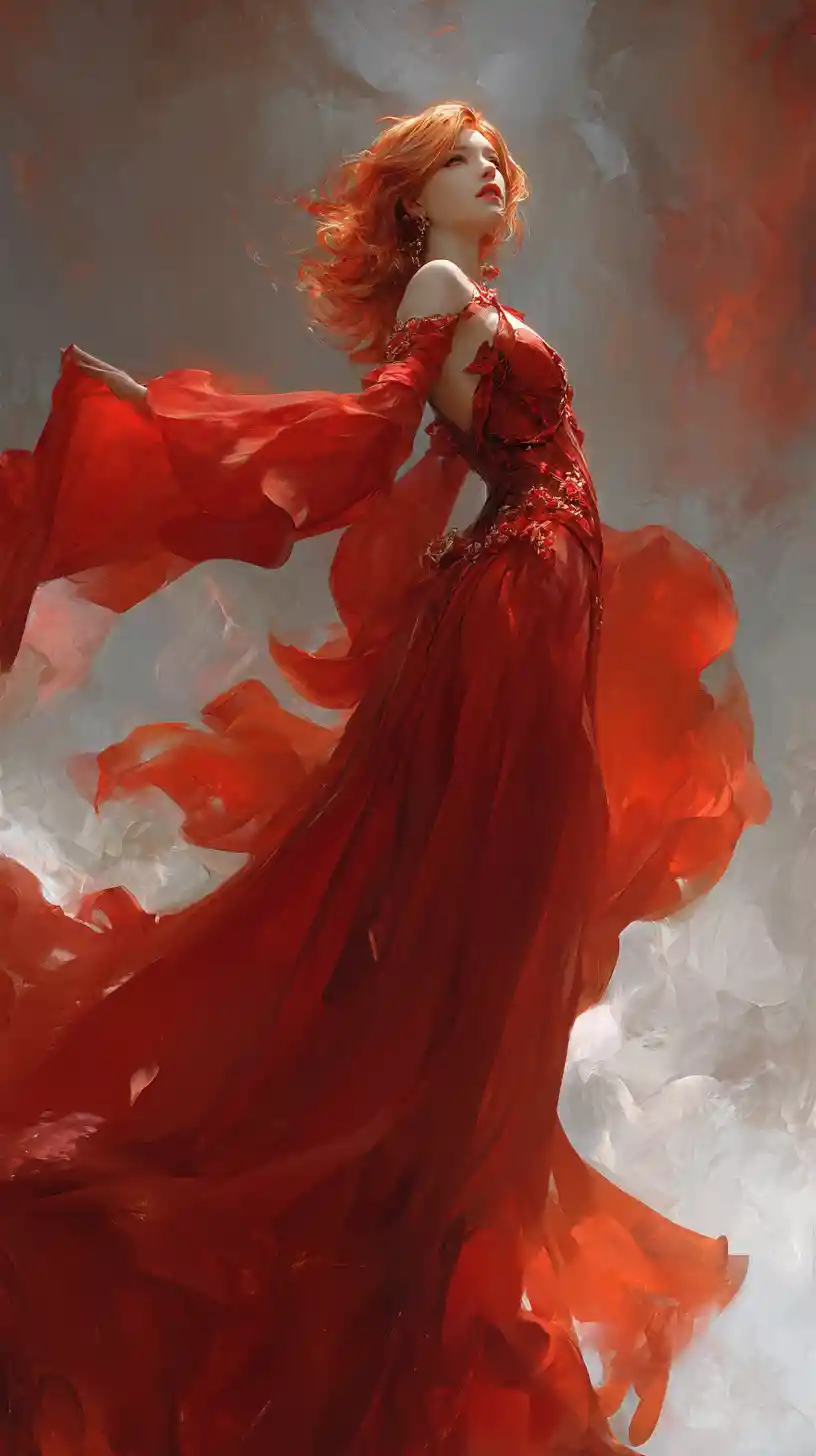Elegant lady in red captured in dreamy romantic art