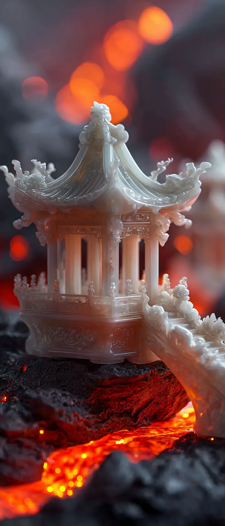 White jade pavilion beside glowing red lava river
