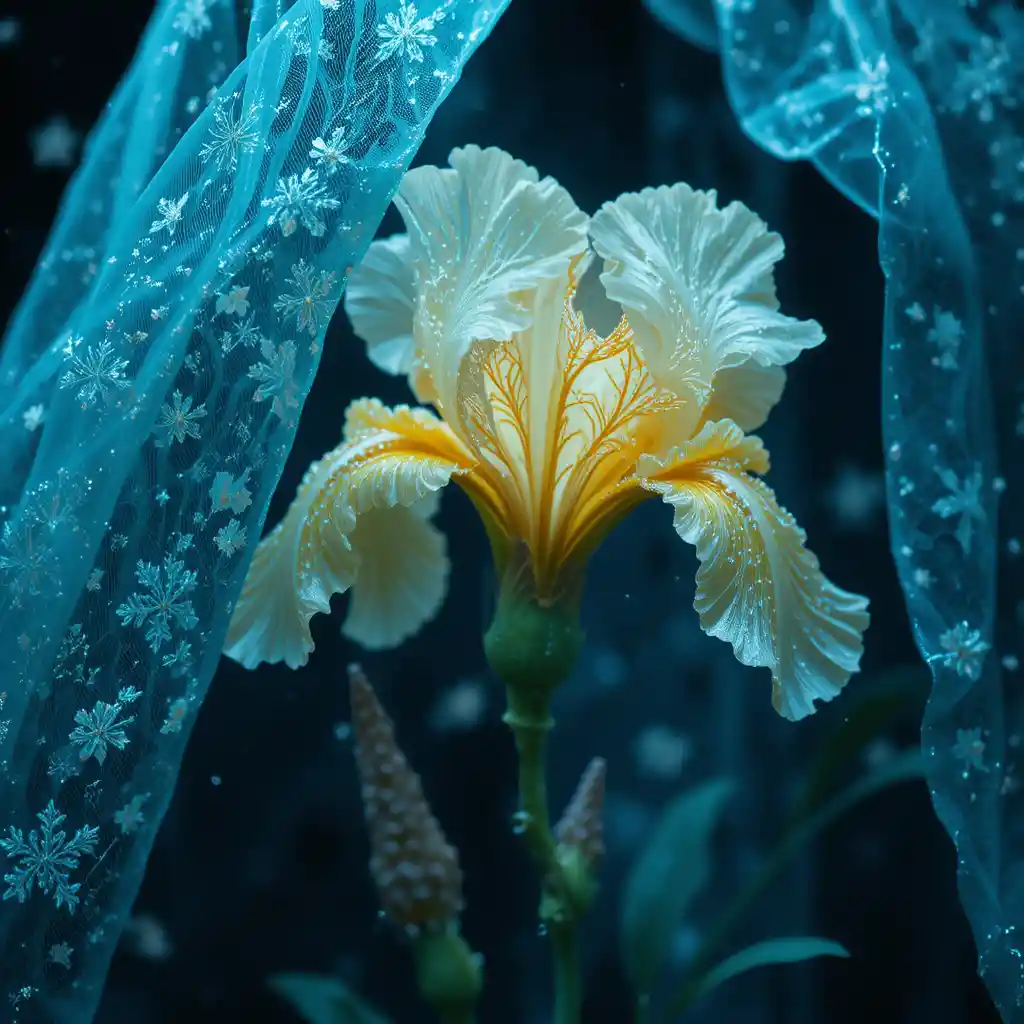 Delicate iris flower swirling in abstract neon light