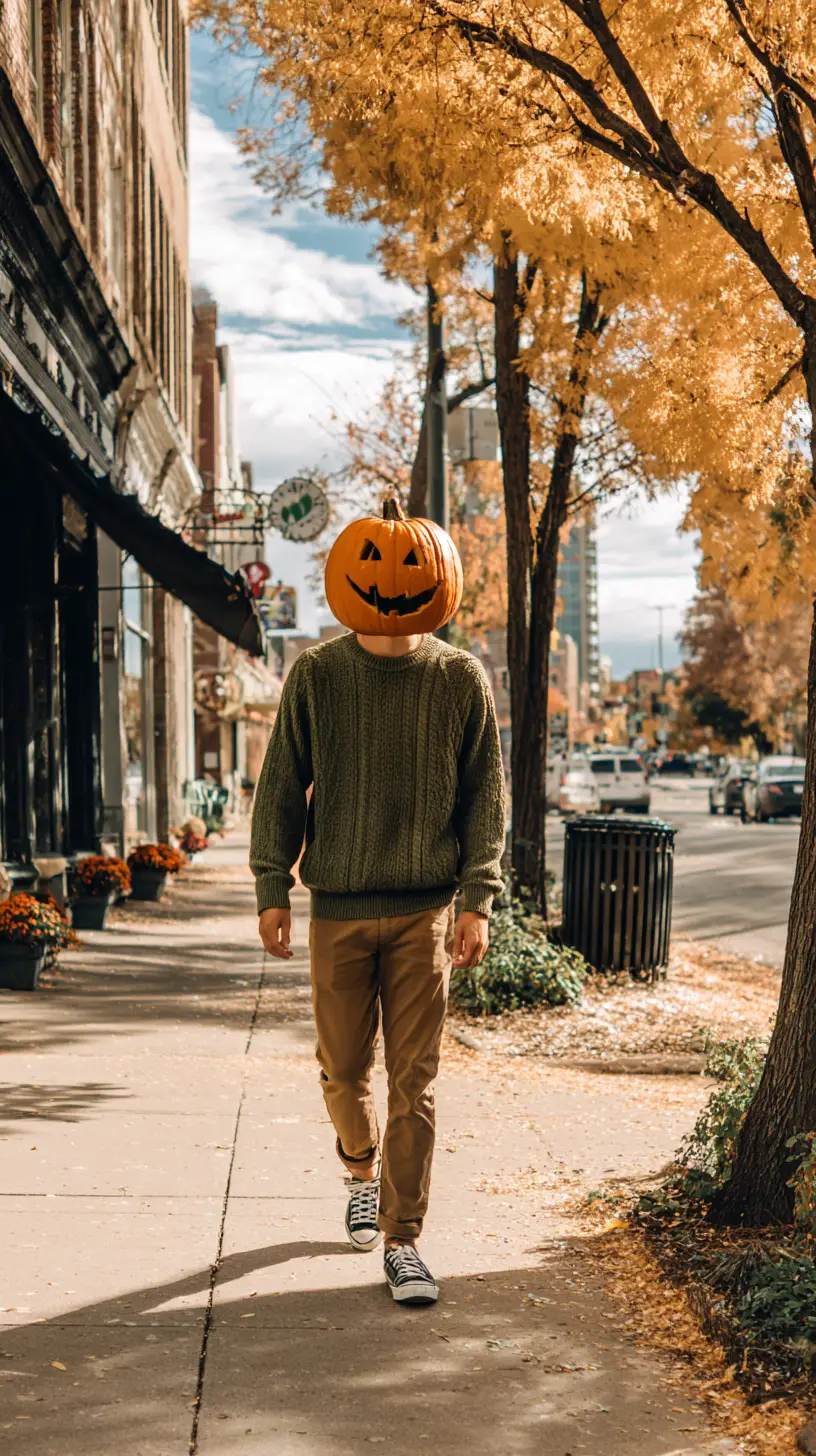 Man Walking On City Street With Pumpkin Head In Autumn