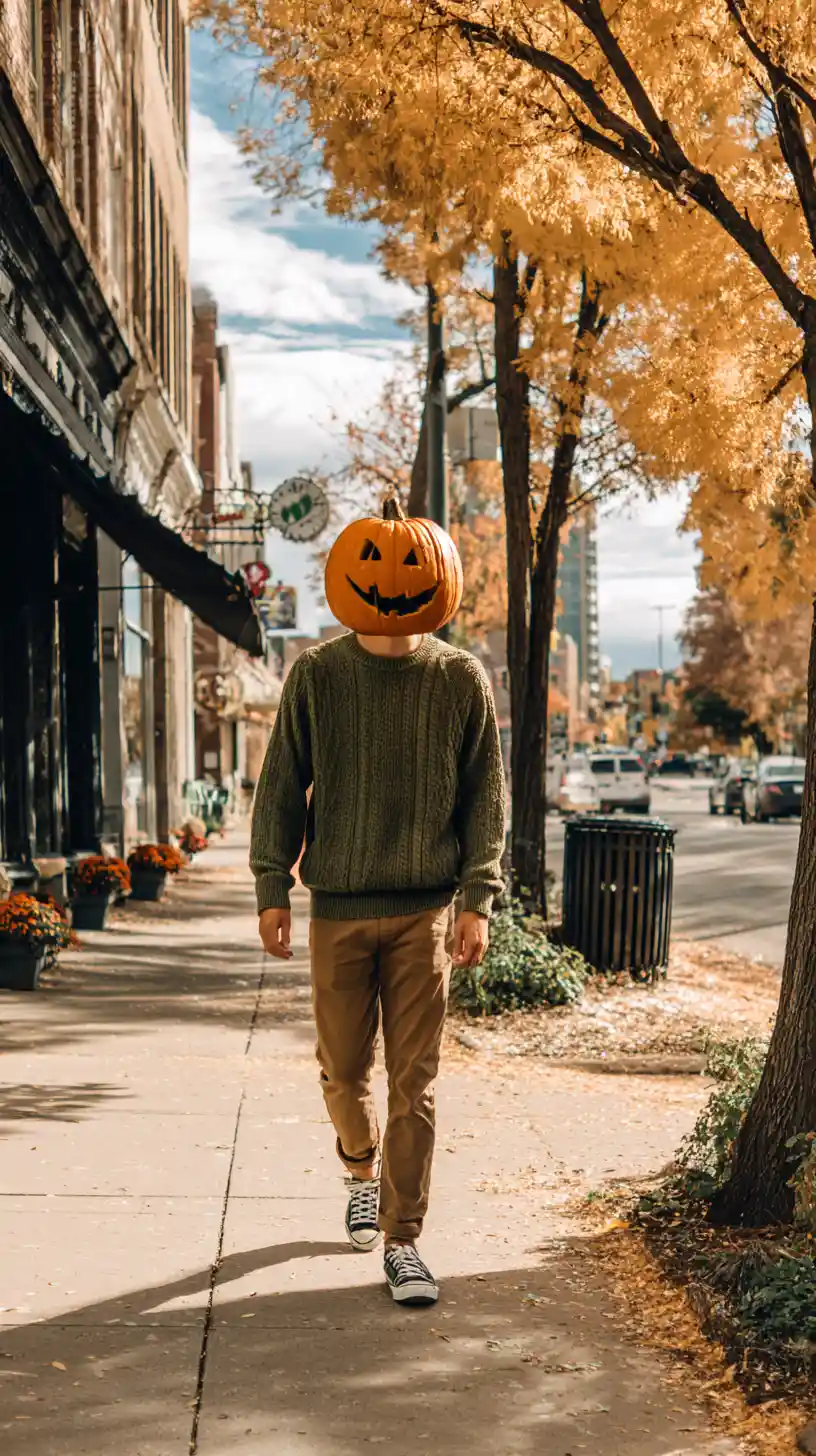 Man Walking On City Street With Pumpkin Head In Autumn