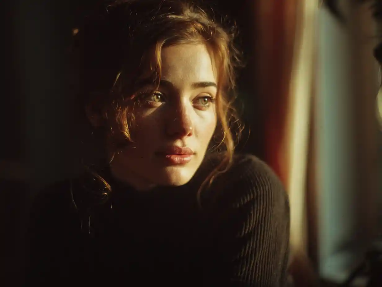 Young woman in soft golden light by a window