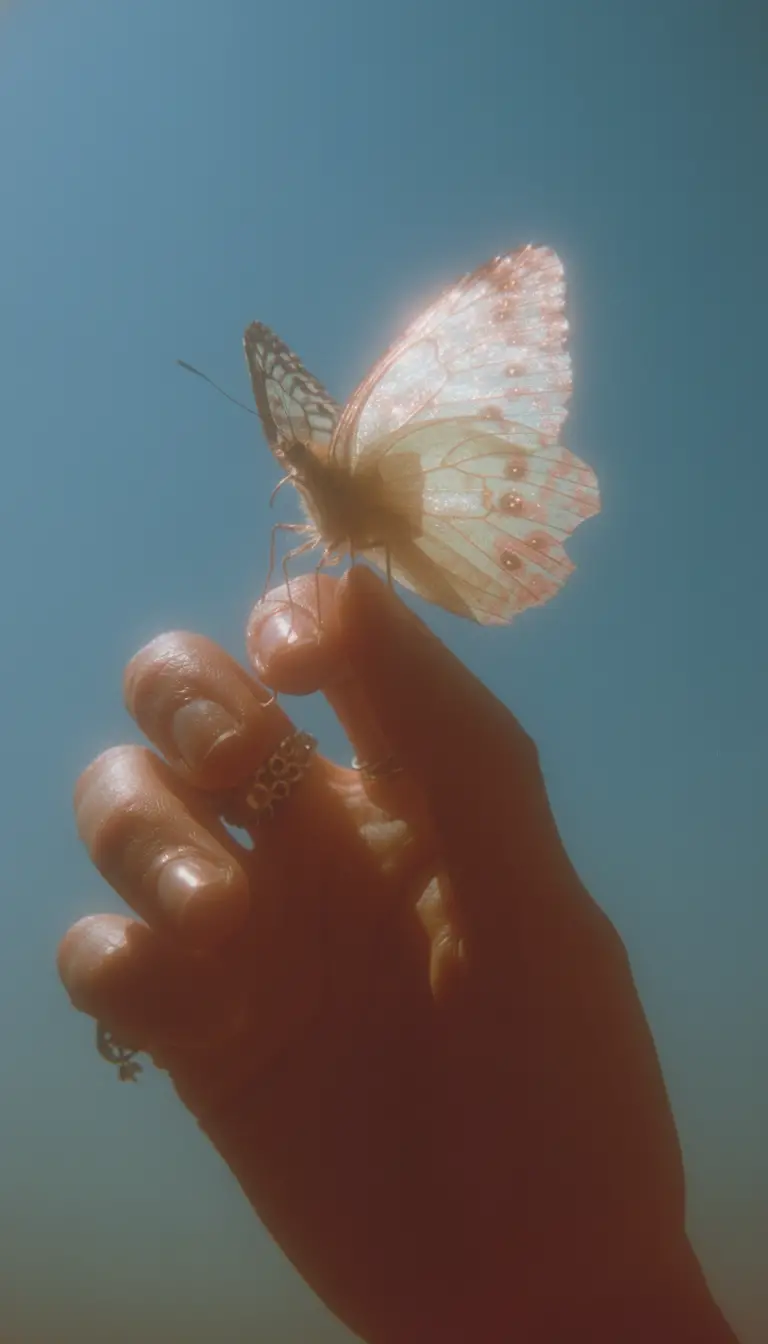 White butterfly resting gently on a human hand