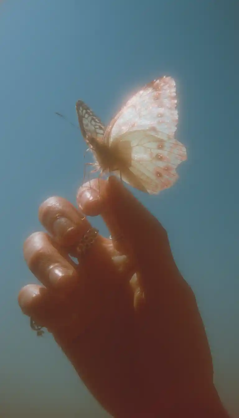 White butterfly resting gently on a human hand