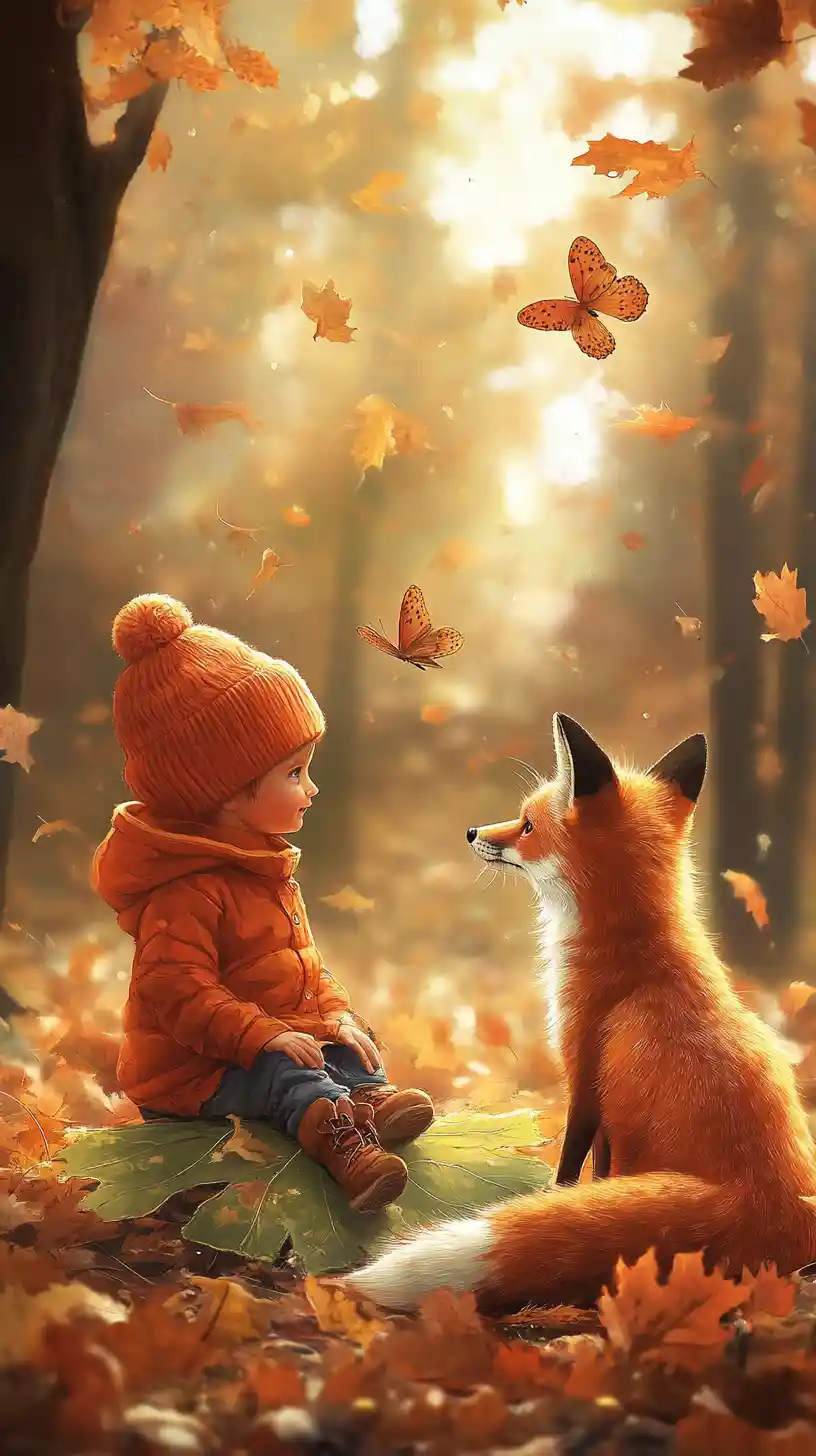 Child On Leaf With Fox In Magical Autumn Forest