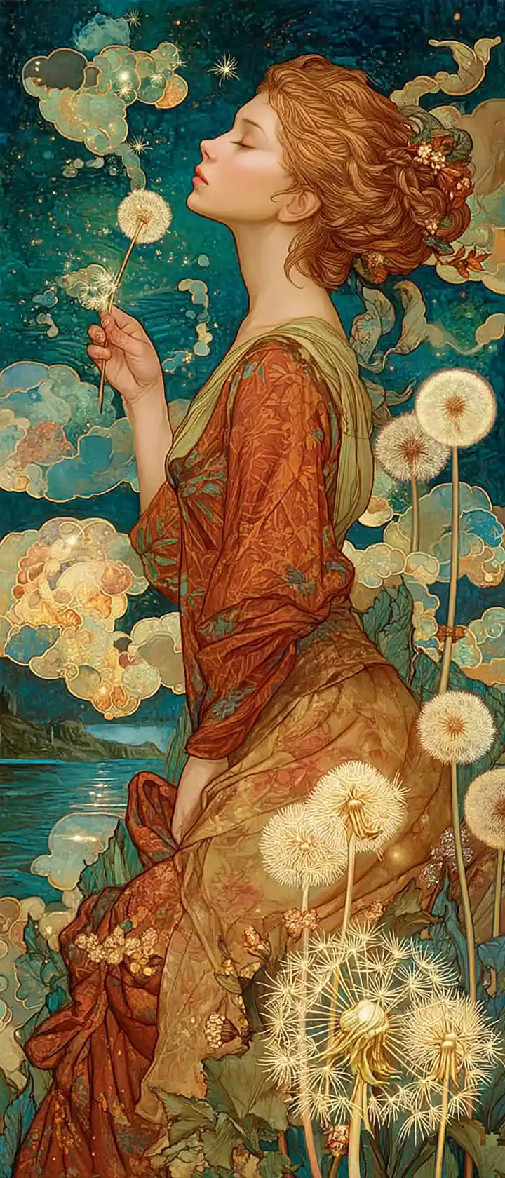 Woman releasing glowing dandelion seeds into the wind