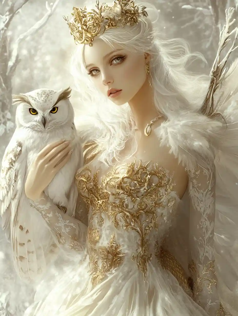 Ice priestess with white owl in magical digital illustration