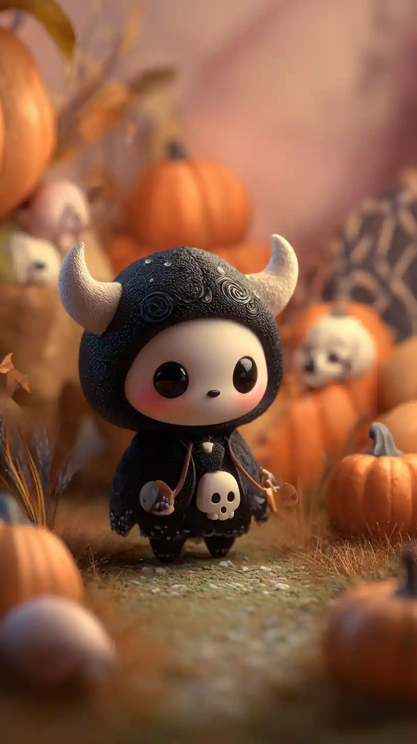 Cute chibi halloween monster in whimsical fantasy land