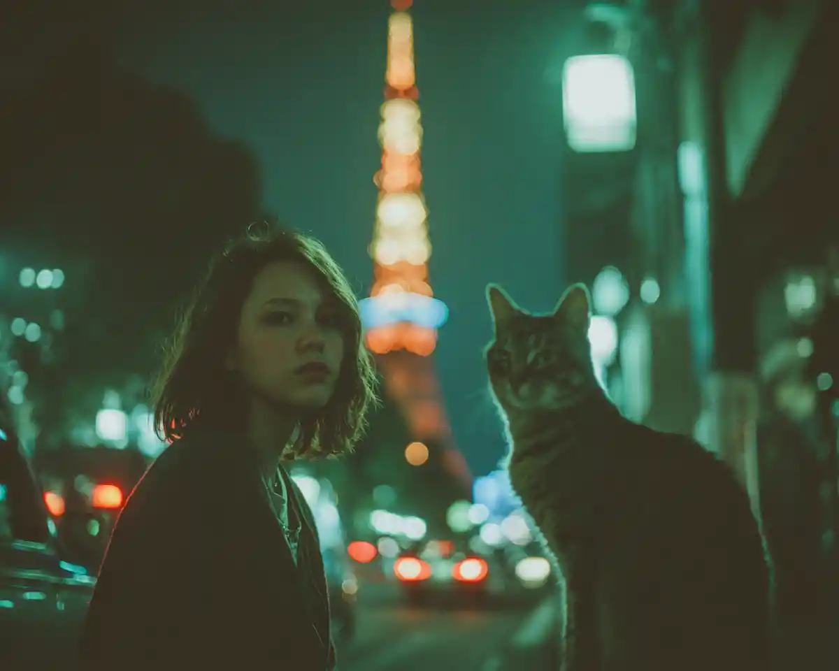 Cinematic night portrait of a woman on Tokyo street