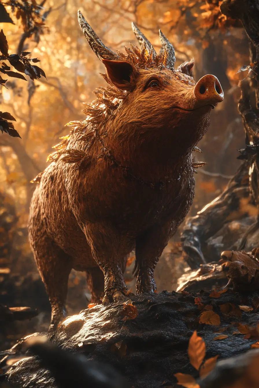 Regal earthpig queen on rock above glowing fantasy village