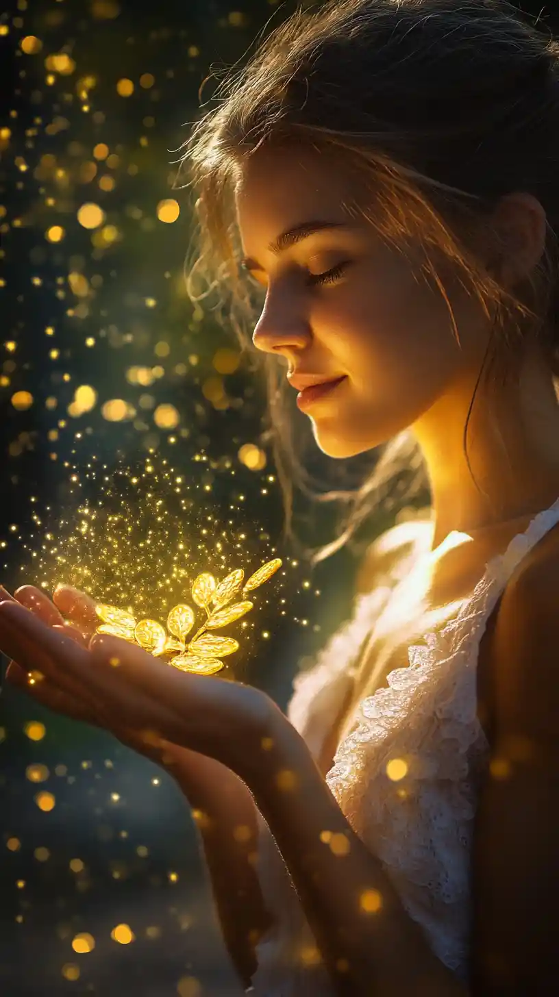 Radiant fantasy woman with clover and golden coins