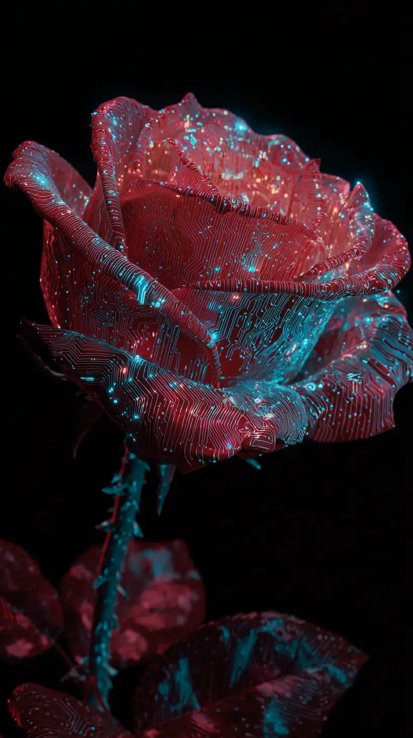 Cyberorganic rose fused with circuitry in bold infrared colors
