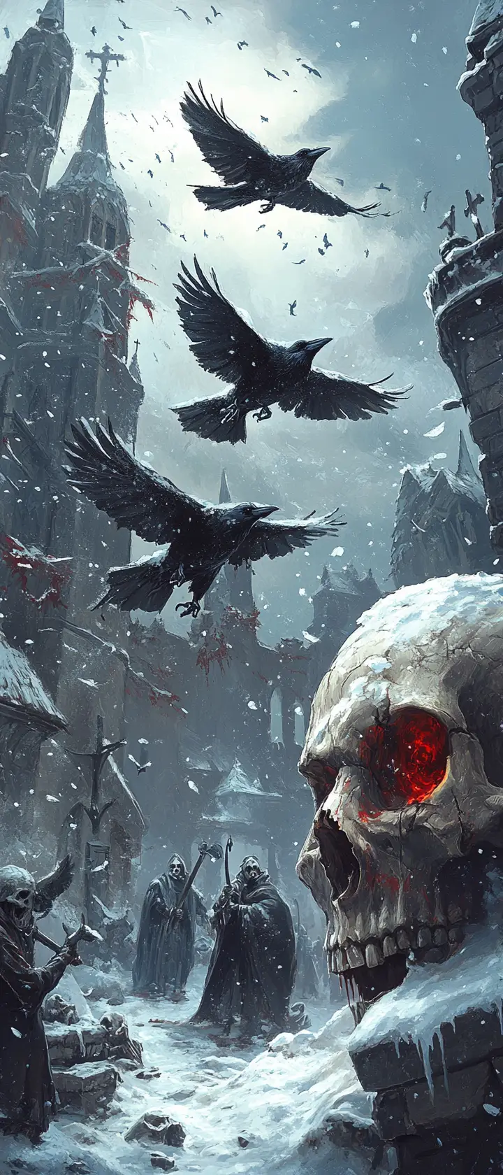 Crows flying above a snow covered skull in ruins
