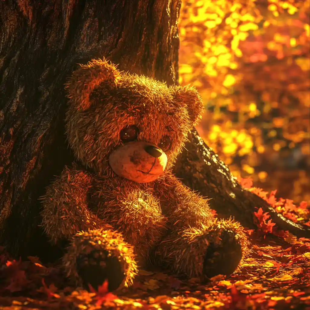 Orsetto di peluche consumato accanto a un vecchio albero al tramonto