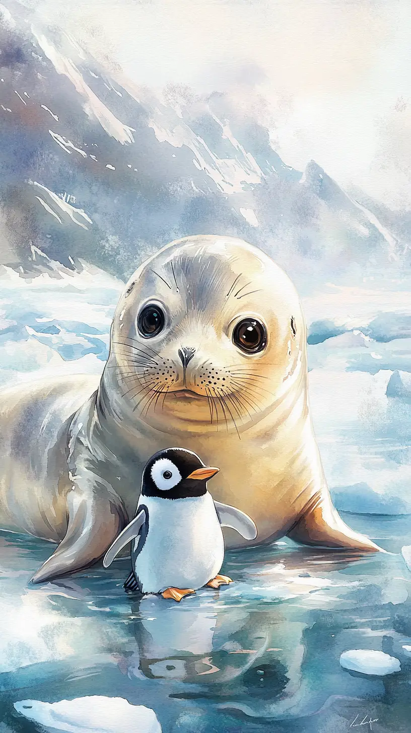 Cute baby seal hugging a tiny penguin on ice floe