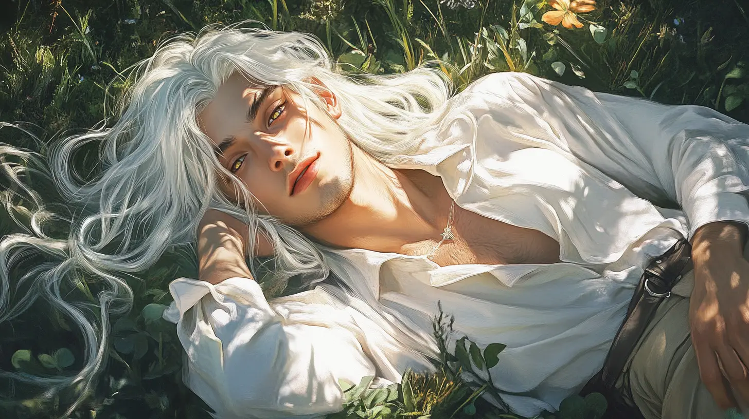 Young man with white hair resting on green grass