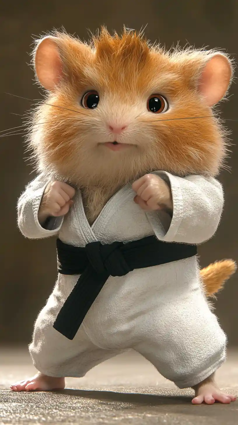 Hamster fofo de karatê com quimono branco e faixa preta
