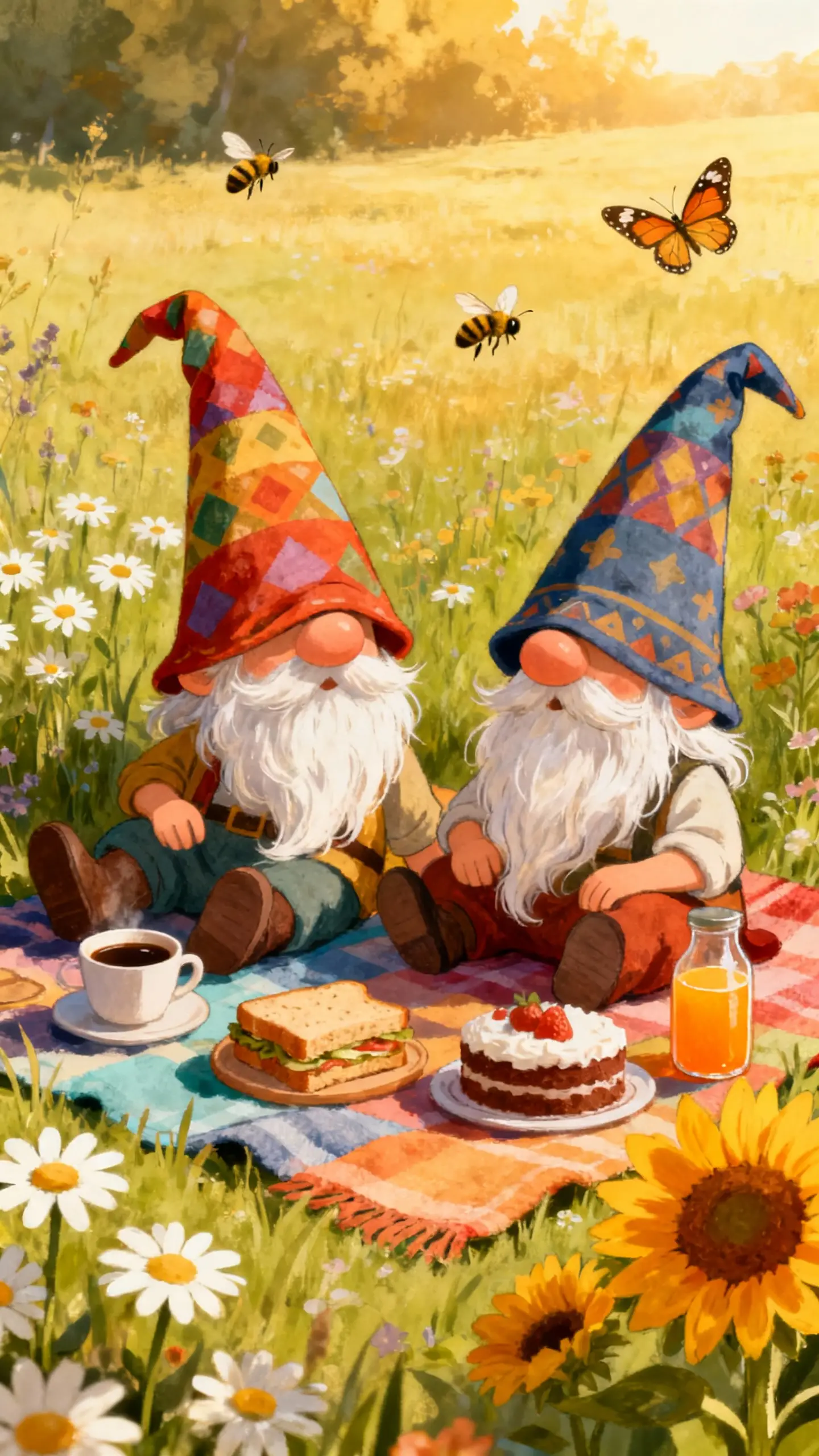 Two gnomes having a picnic on a sunny flower meadow