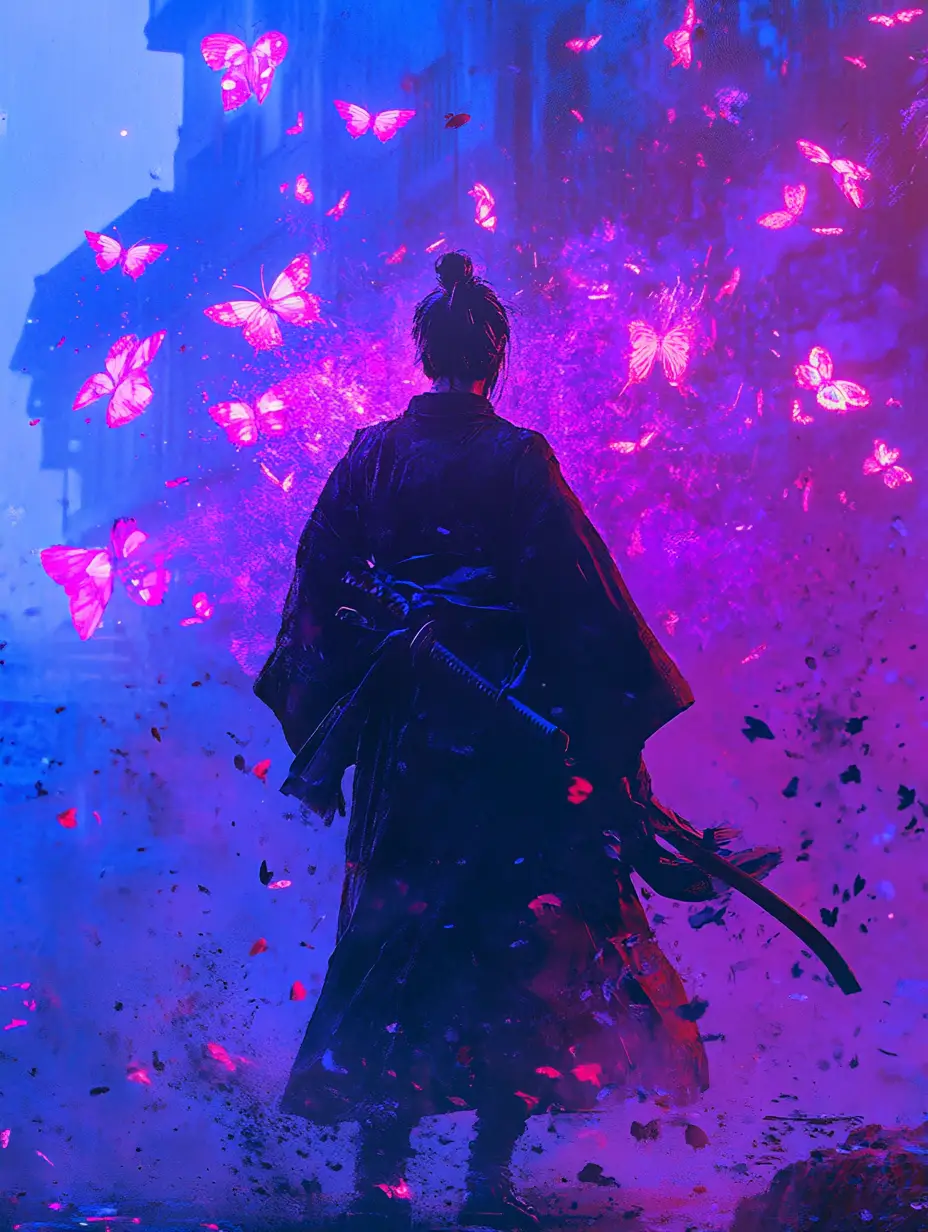 Masked samurai standing in moonlight with neon butterflies