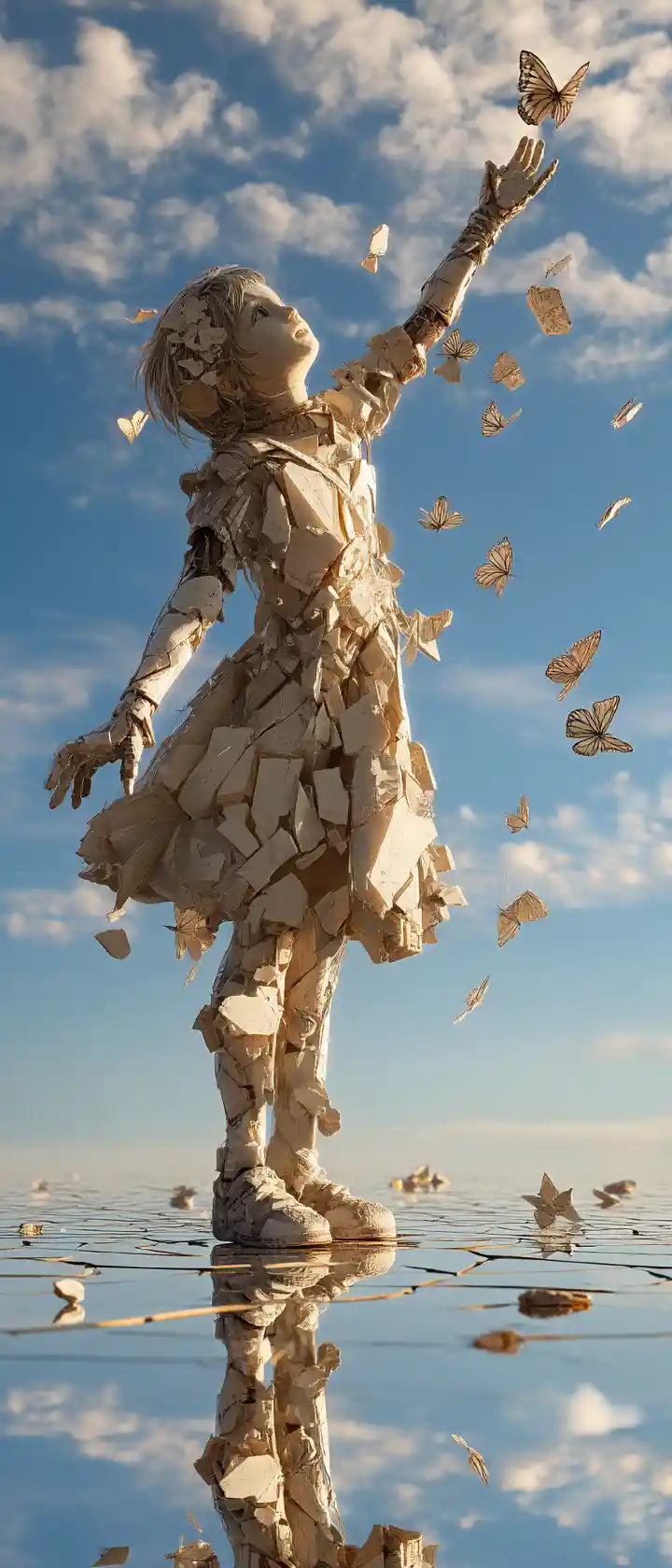 Porcelain child reaching for butterfly of broken screens