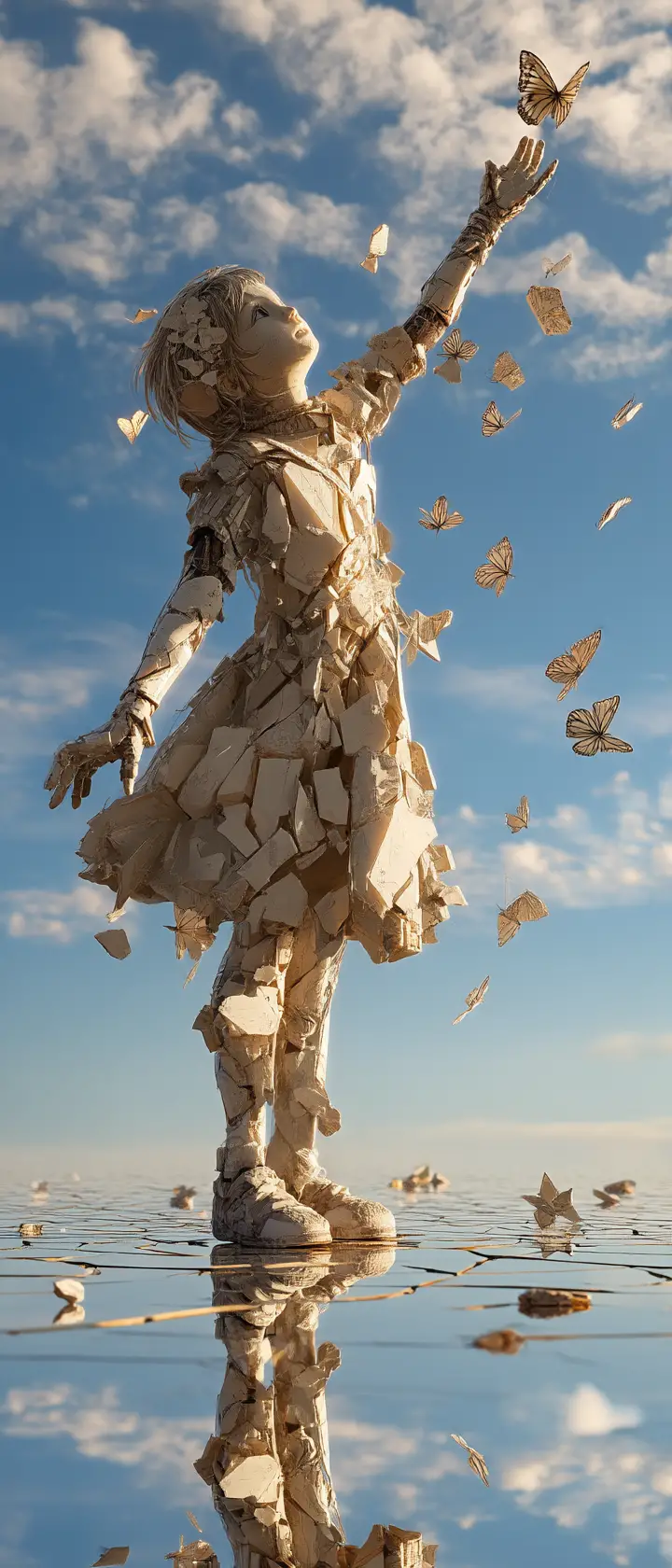 Porcelain child reaching for butterfly of broken screens