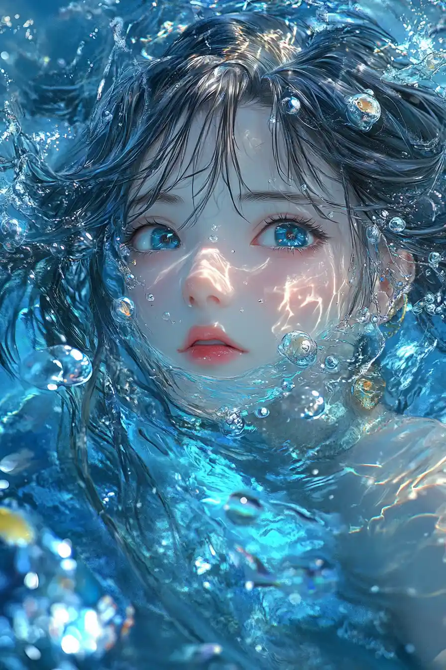 Anime Water Woman Emerging From The Ocean Waves