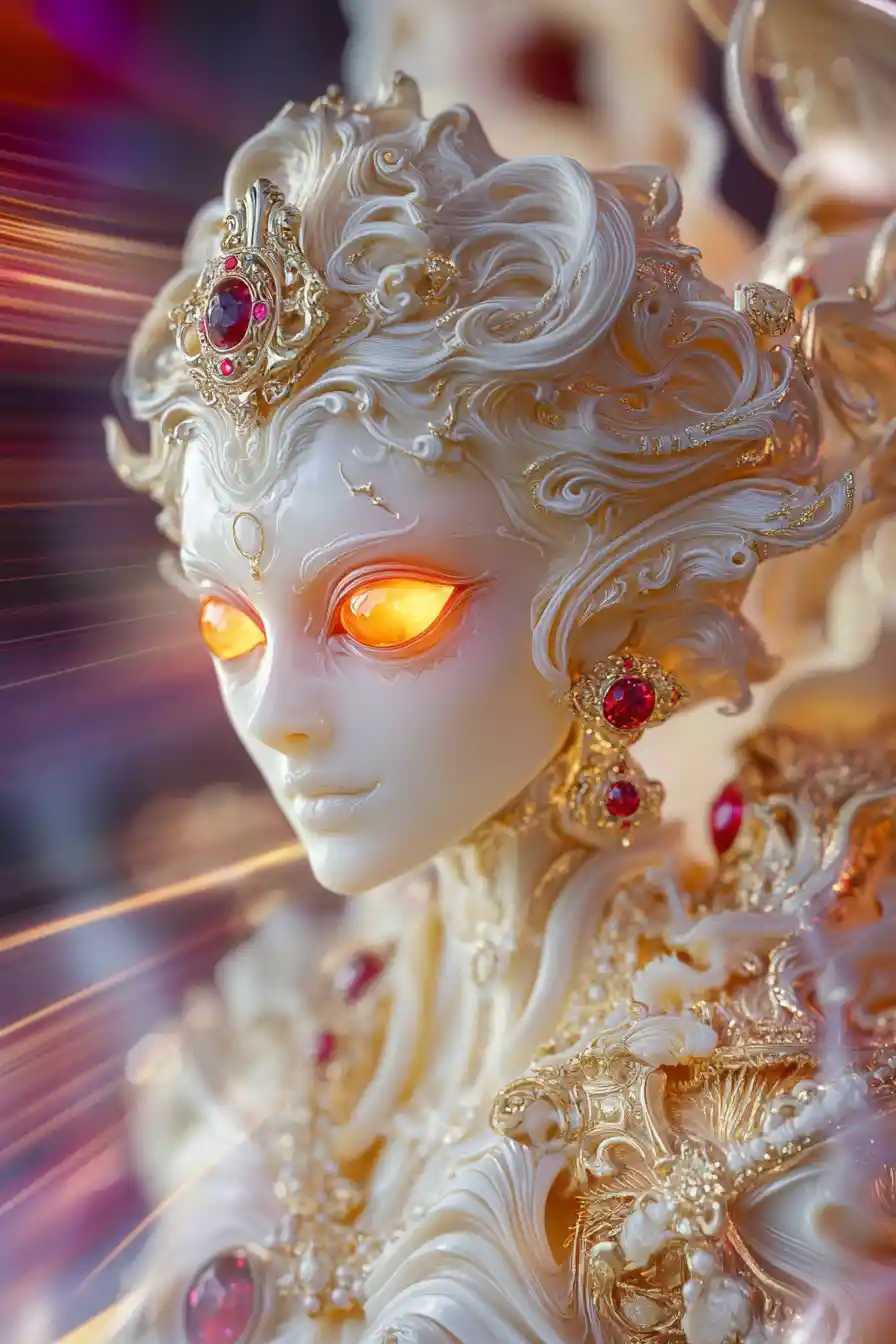 Ivory and jade demonic woman statue with glowing amber eyes