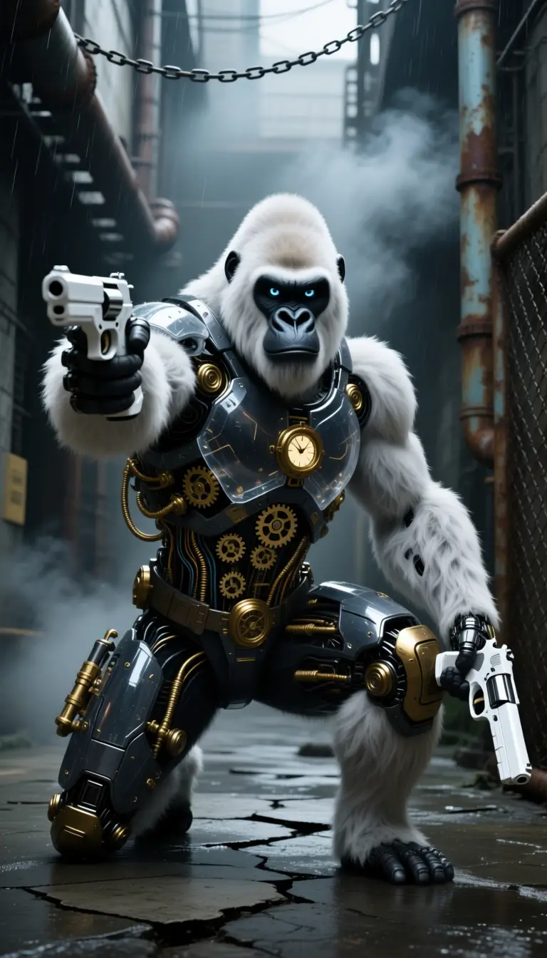 Albino gorilla warrior in futuristic exoskeleton with guns