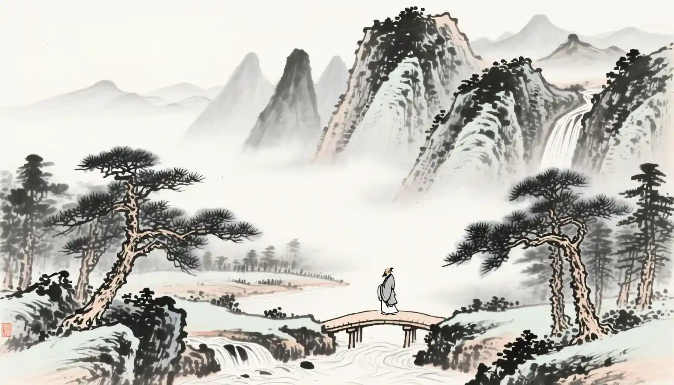 朦霧中國水墨山水與山橋隱士