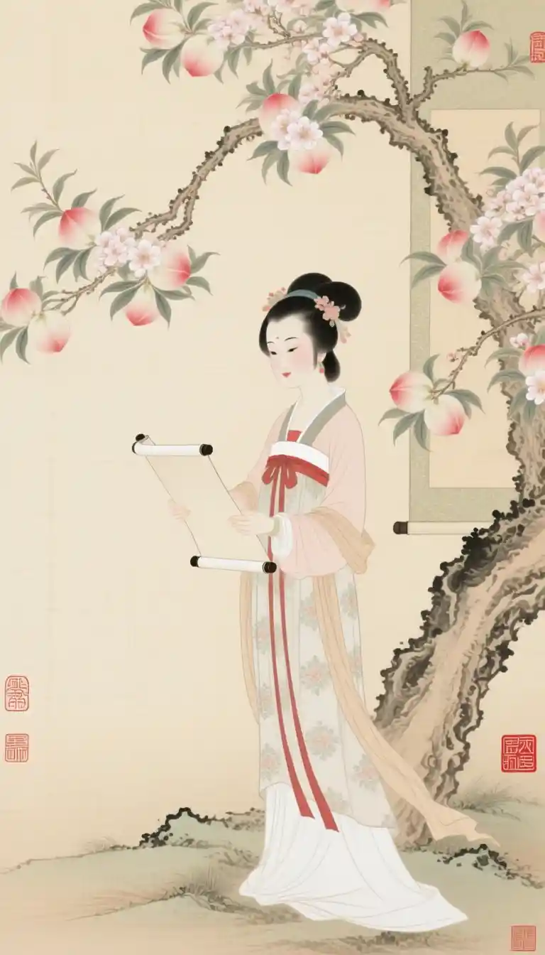 Song era woman beneath a peach blossom tree painting