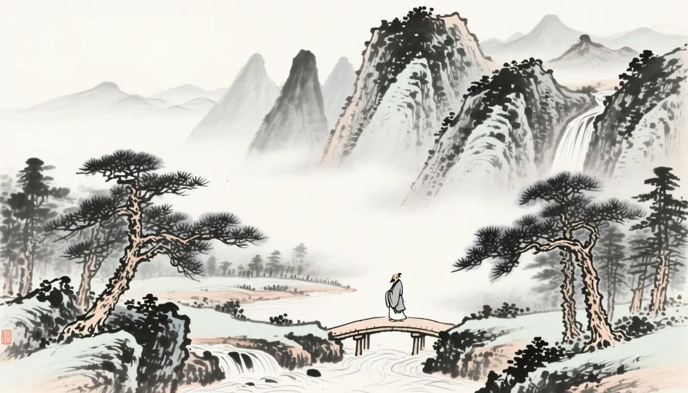 Misty Chinese Ink Landscape With Hermit On Mountain Bridge