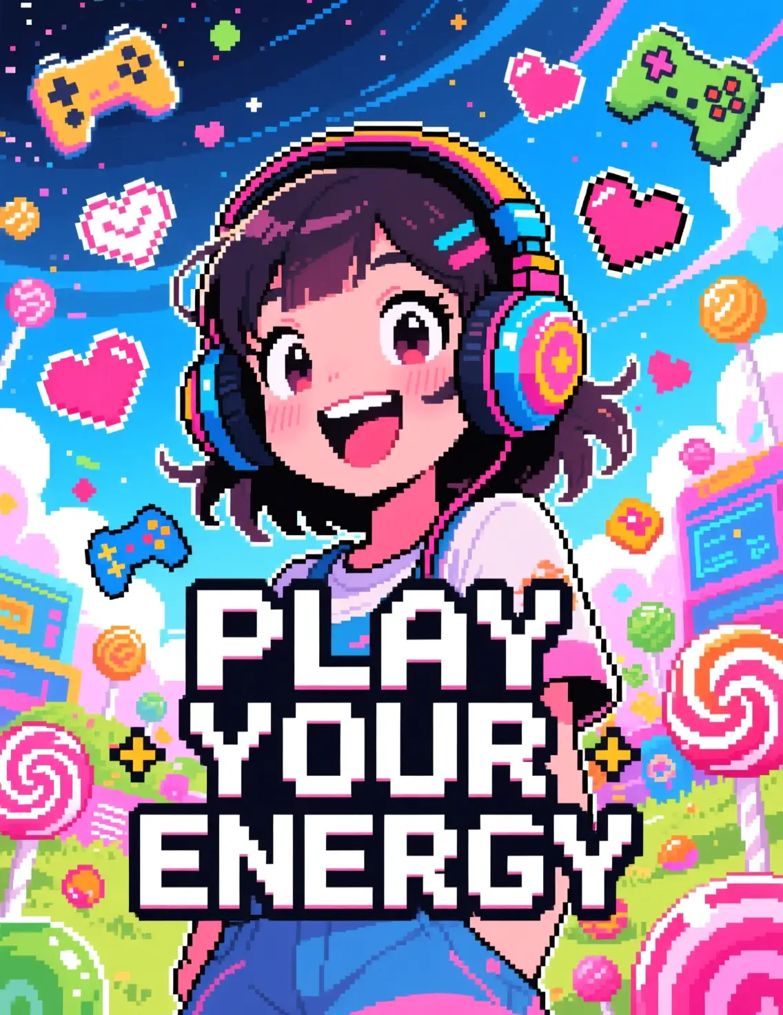 Energetic girl in candy colored virtual e game world
