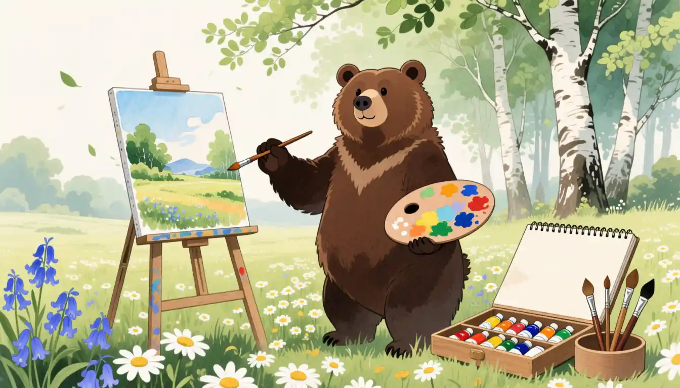 Watercolor style anime bear painting in a flower field