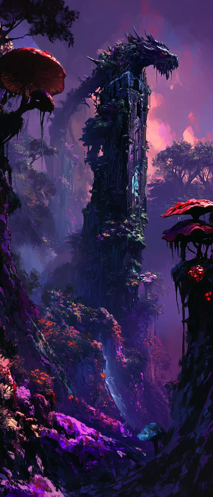 Surreal fantasy landscape with overgrown dragon monument