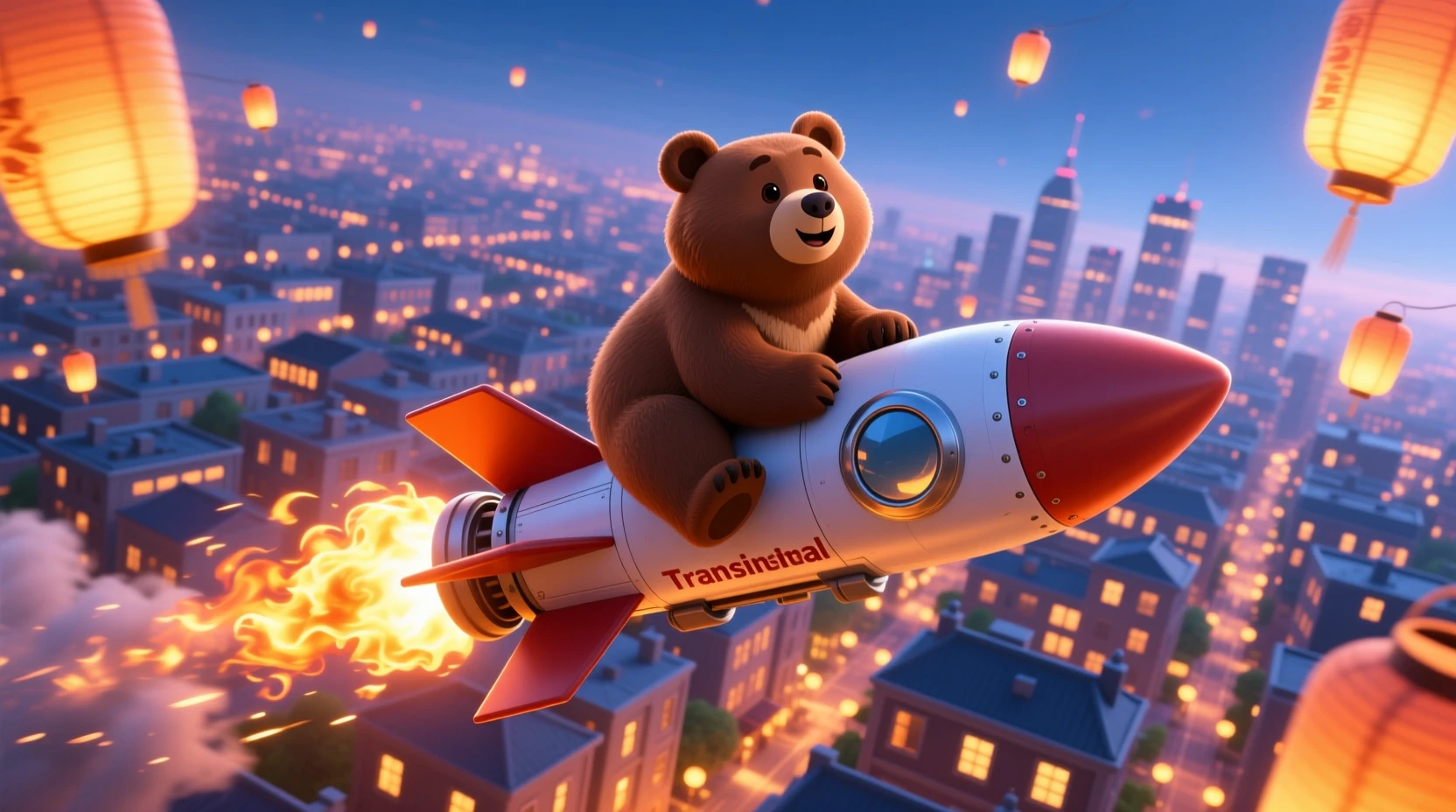 Lindo oso marrón montando un cohete sobre la ciudad