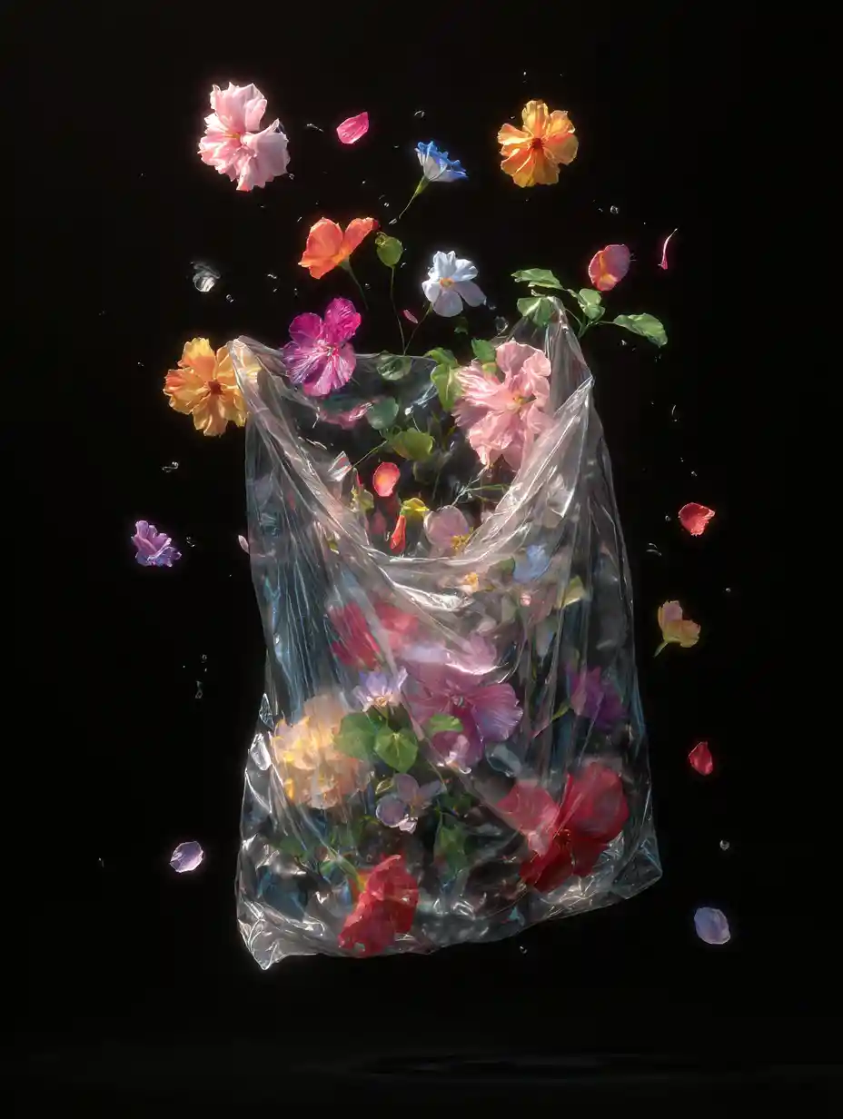Sacchetto di plastica trasparente con fiori colorati su sfondo nero