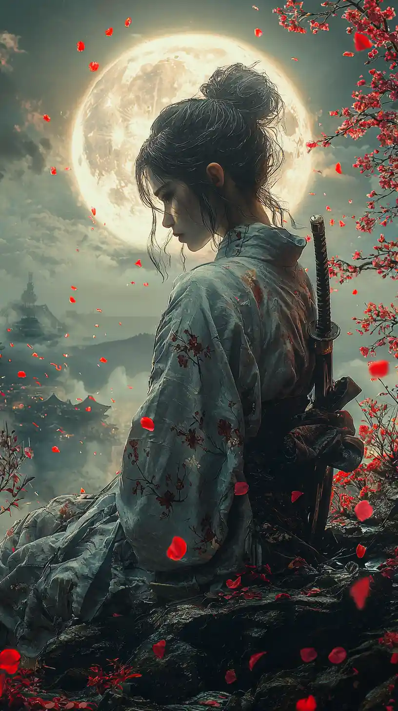 Demonic woman in kimono under glowing full moon