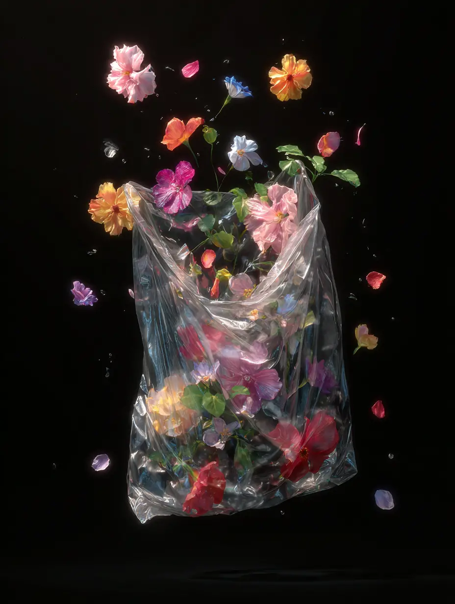 Transparent plastic bag with colorful flowers on black background