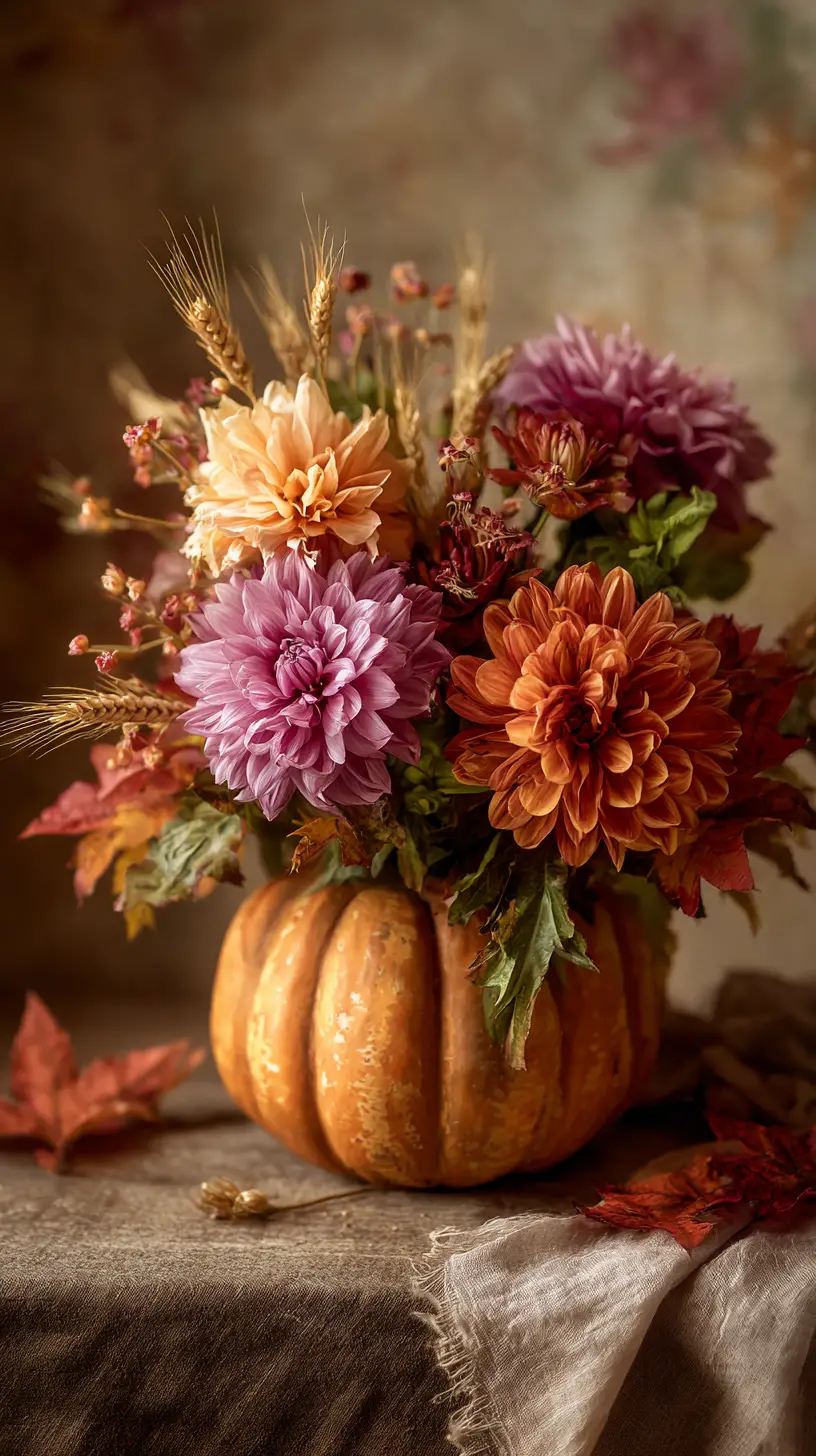 Autumn pumpkin vase with rustic floral still life