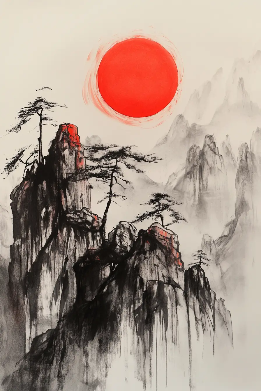 Chinese ink mountain landscape with a red moon