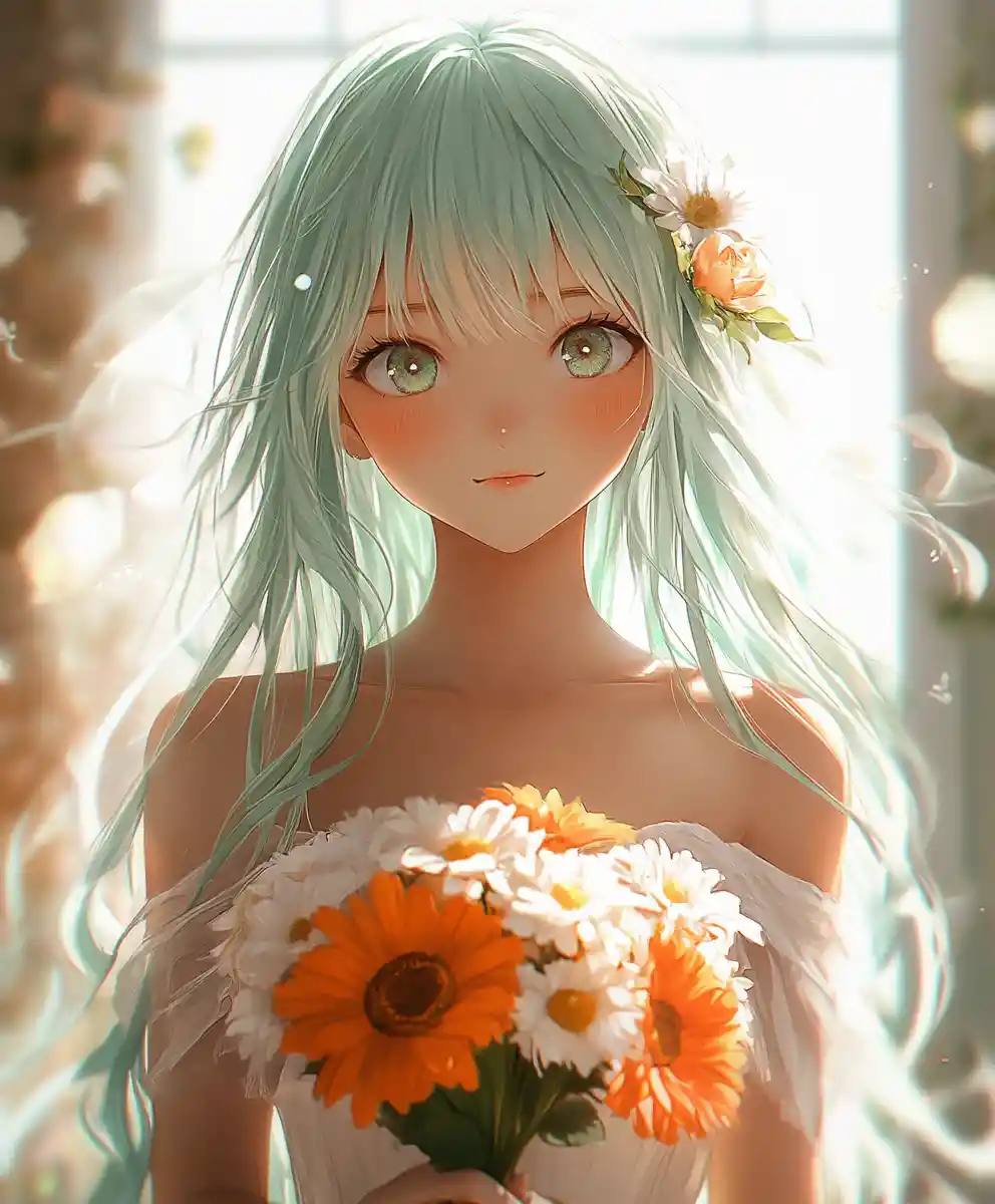 Anime girl with mint hair holding a floral bouquet