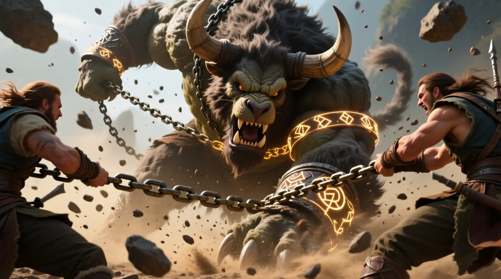 Minotaur Bound By Enchanted Chains In Epic Battle Scene