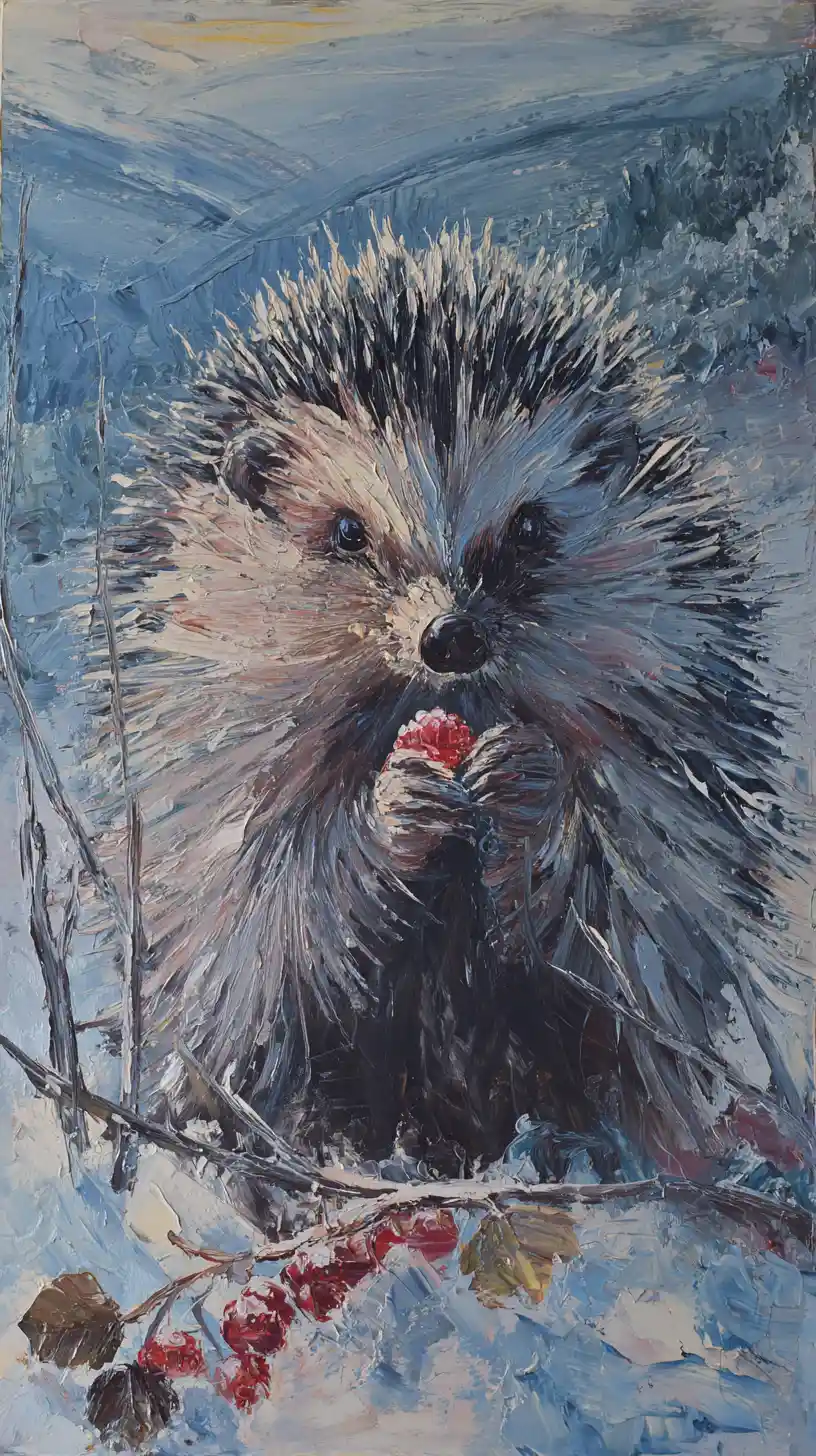 Reifbedeckter Igel in ruhiger Winterlandschaft