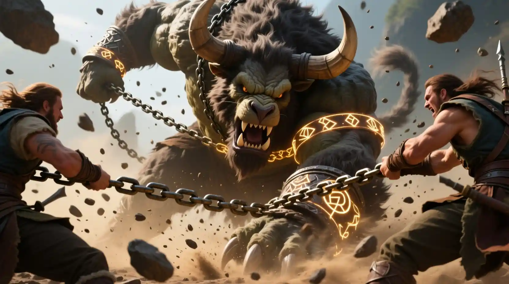 Minotaur Bound By Enchanted Chains In Epic Battle Scene