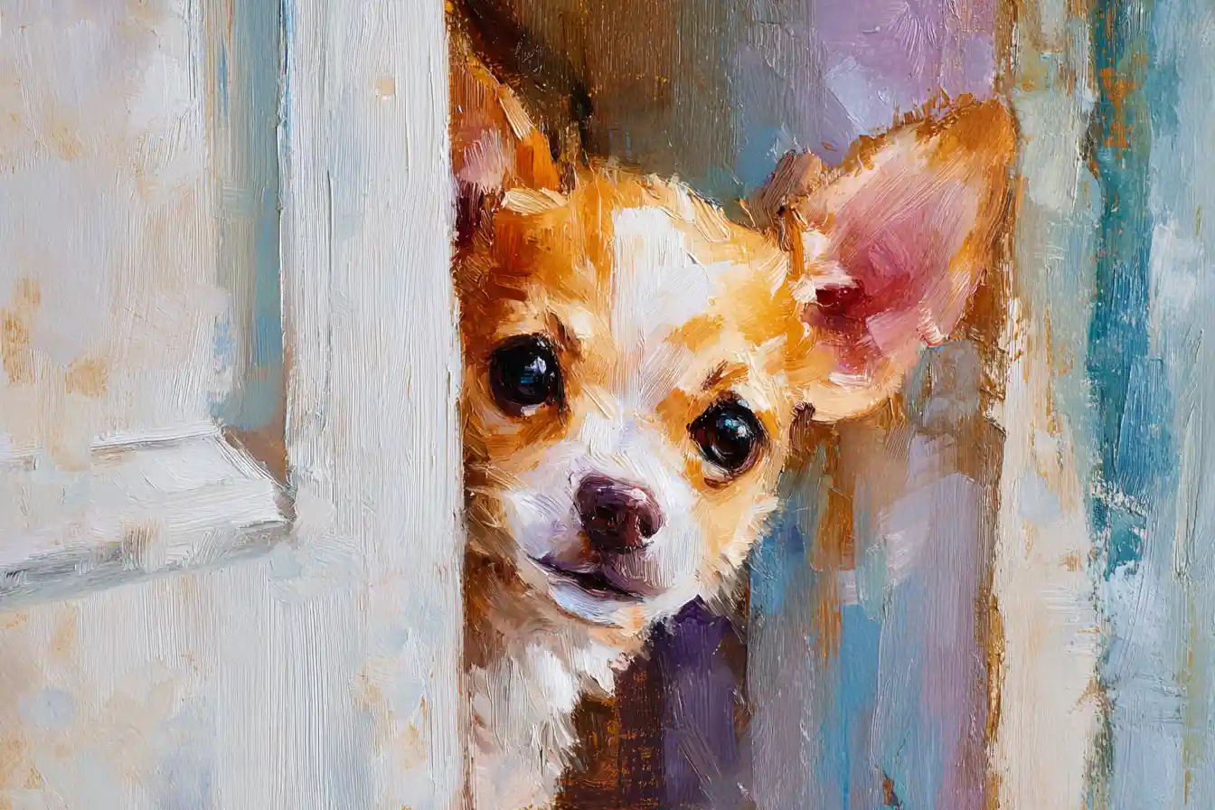 Curious chihuahua peeking through a door crack painting