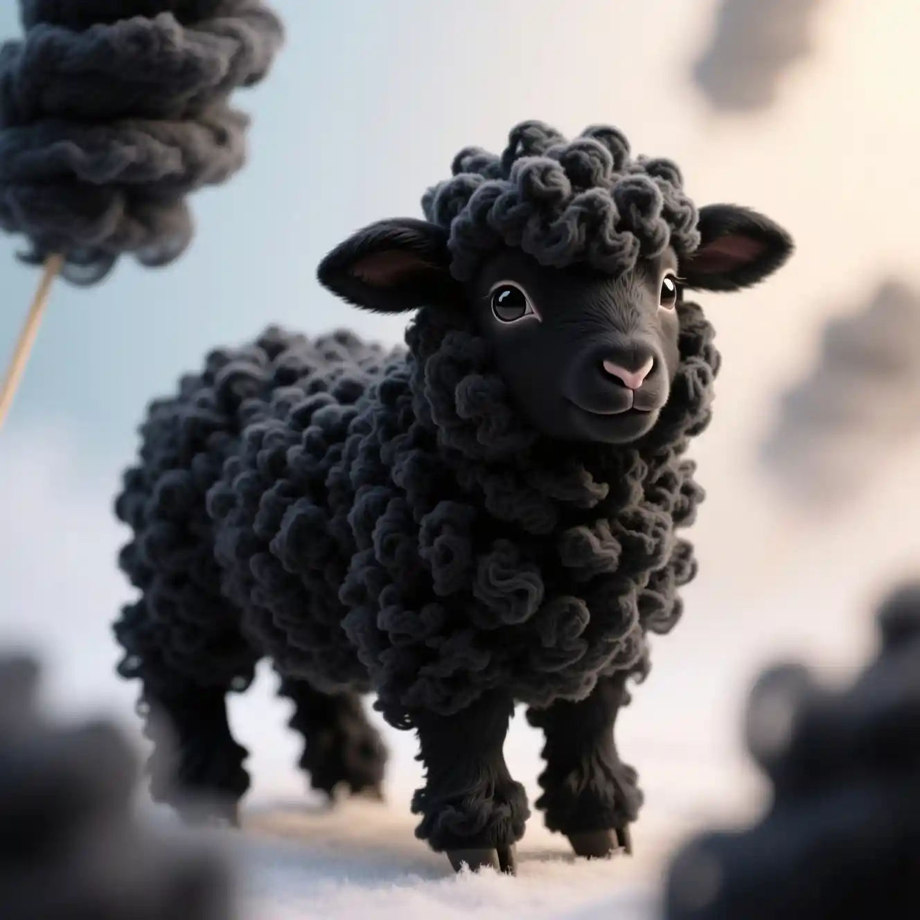 Whimsical black cotton candy lamb in soft light