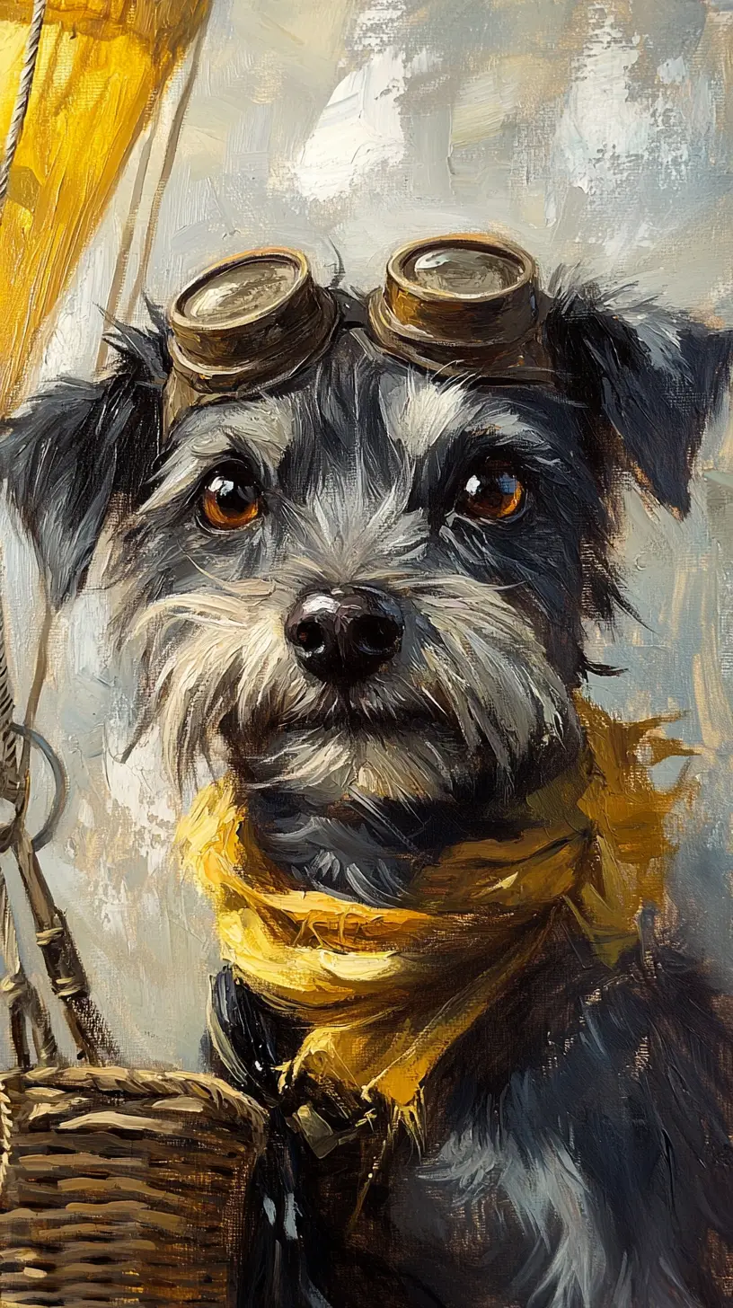 Aviator dog portrait in a whimsical hot air balloon