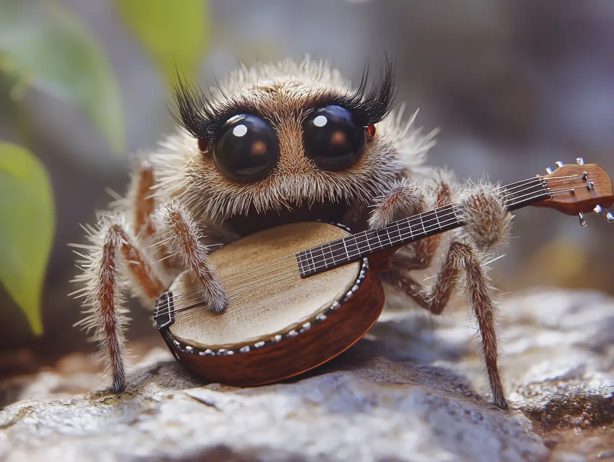 Close up of a musical spider in a tiny fantasy world