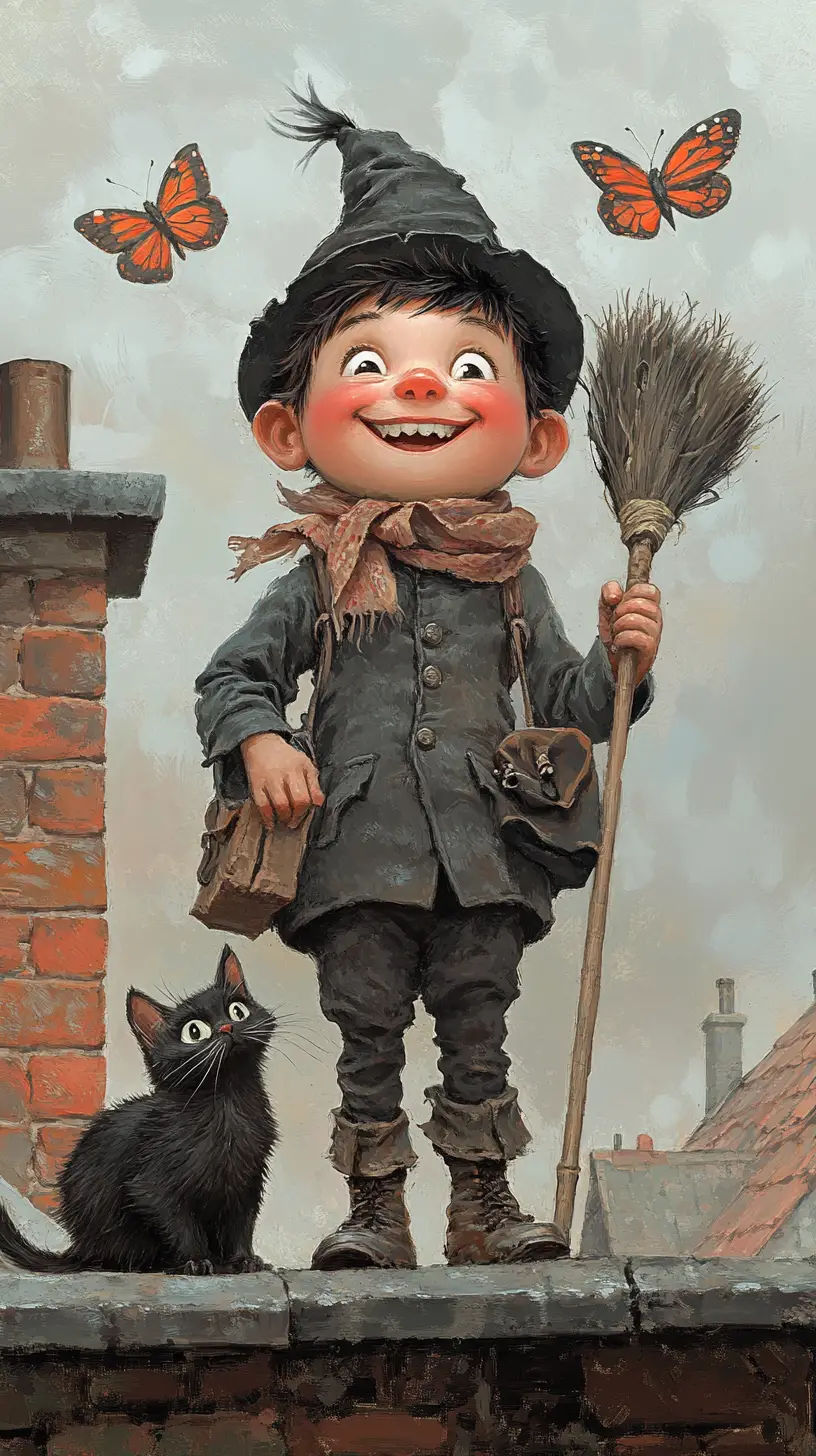 Joyful child chimney sweep and cat on a rooftop
